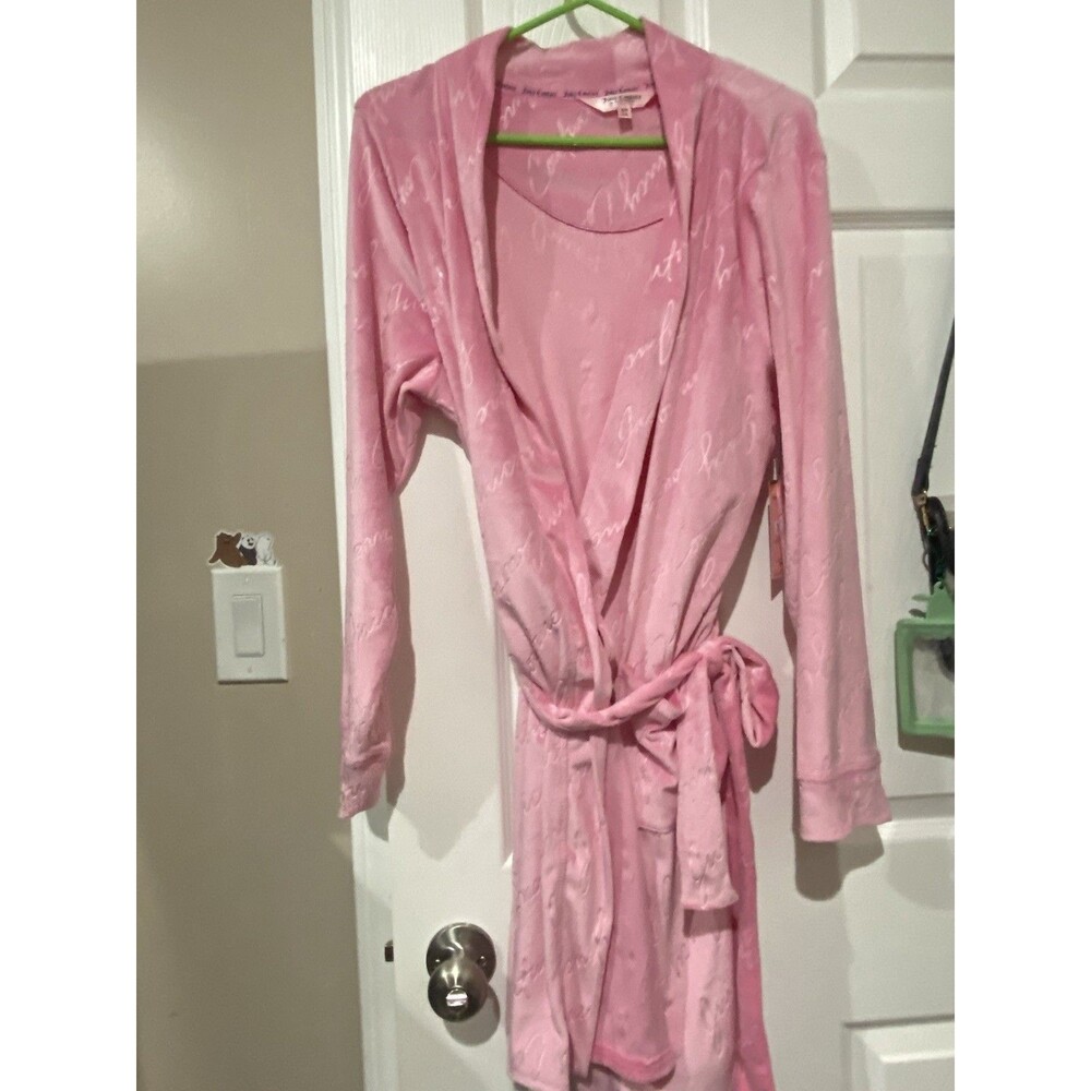 Juicy Couture Pink Velour Logo Robe Tie Belt V-Neck Long Sleeve S/M